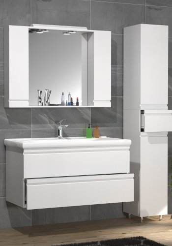 VCM NORDIC Silora XL 4-delt vaskeplads, m. spejlskab, hndvask, 2 skabe - hvid melamin