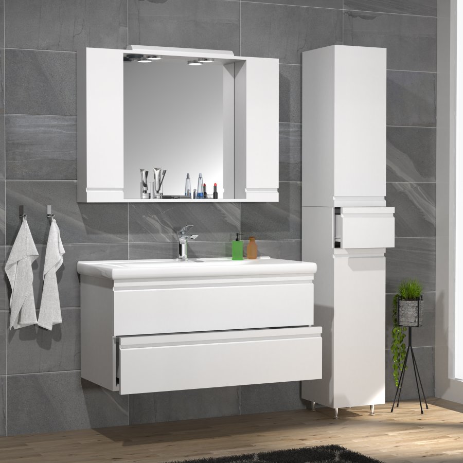 VCM NORDIC Silora XL 4-delt vaskeplads, m. spejlskab, hndvask, 2 skabe - hvid melamin