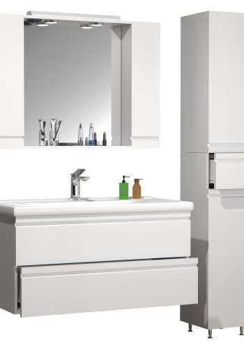 VCM NORDIC Silora XL 4-delt vaskeplads, m. spejlskab, hndvask, 2 skabe - hvid melamin