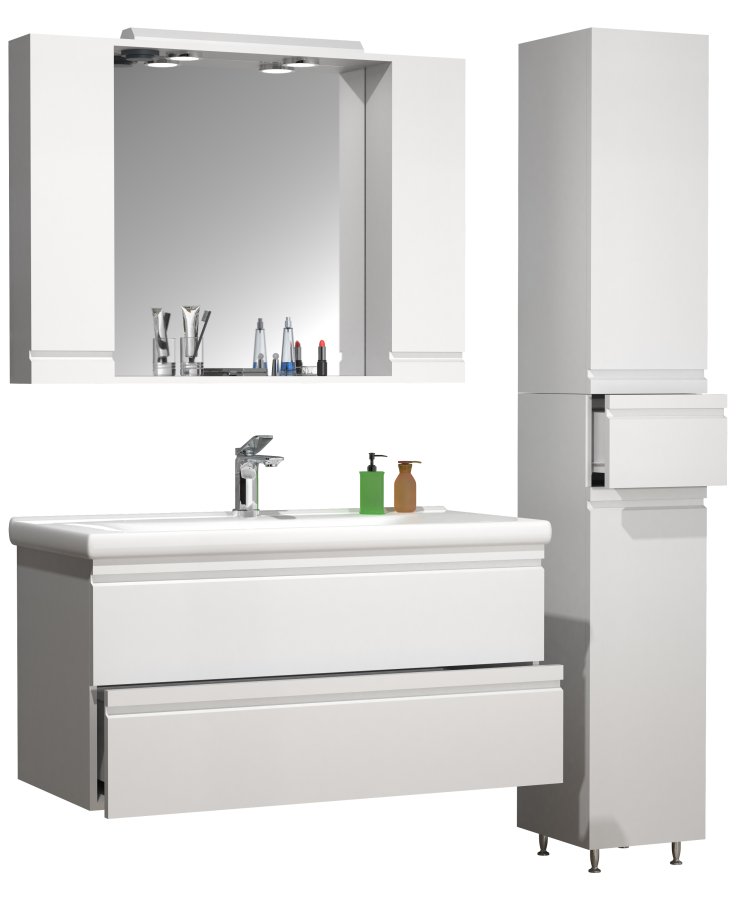 VCM NORDIC Silora XL 4-delt vaskeplads, m. spejlskab, hndvask, 2 skabe - hvid melamin