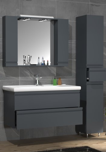 VCM NORDIC Silora XL 4-delt vaskeplads, m. spejlskab, hndvask, 2 skabe - antracitgr melamin