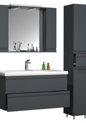 VCM NORDIC Silora XL 4-delt vaskeplads, m. spejlskab, hndvask, 2 skabe - antracitgr melamin