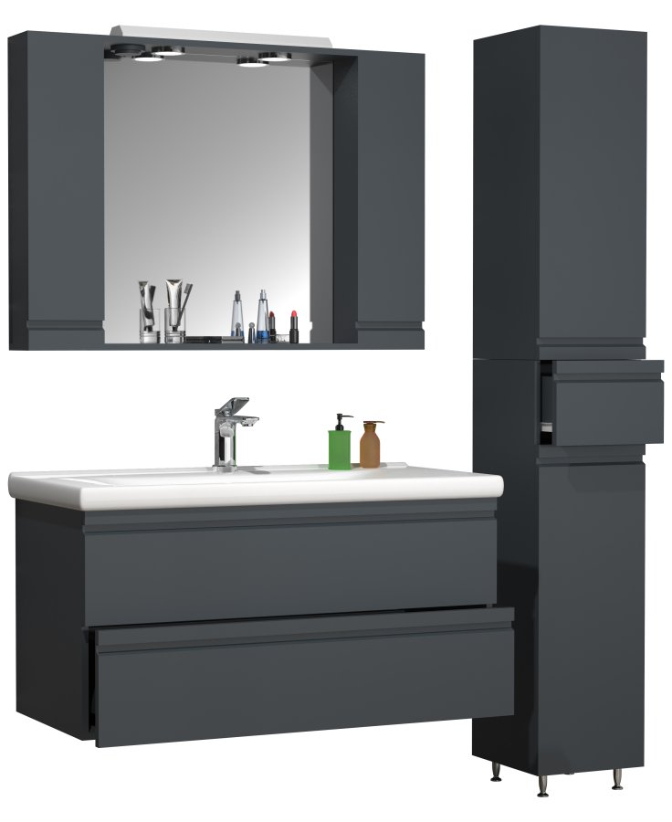 VCM NORDIC Silora XL 4-delt vaskeplads, m. spejlskab, hndvask, 2 skabe - antracitgr melamin