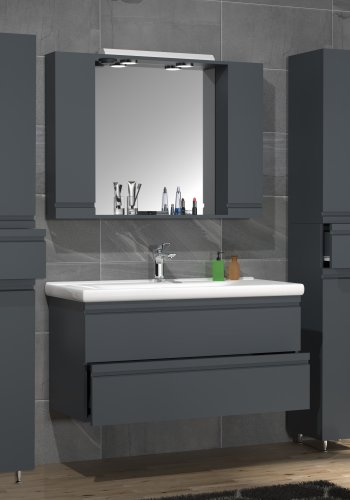 VCM NORDIC Silora XL 5-delt vaskeplads, m. spejlskab, hndvask, 3 skabe - antracitgr melamin