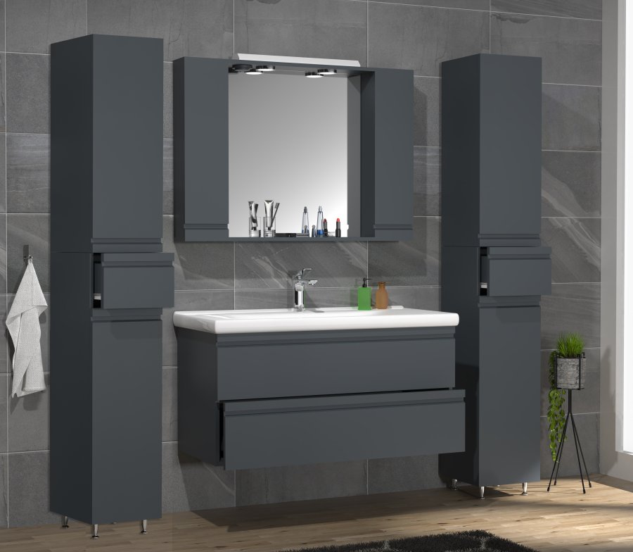 VCM NORDIC Silora XL 5-delt vaskeplads, m. spejlskab, hndvask, 3 skabe - antracitgr melamin
