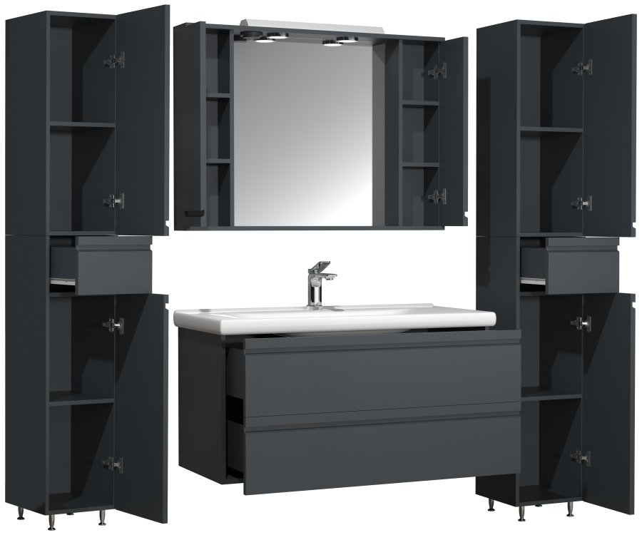 VCM NORDIC Silora XL 5-delt vaskeplads, m. spejlskab, hndvask, 3 skabe - antracitgr melamin