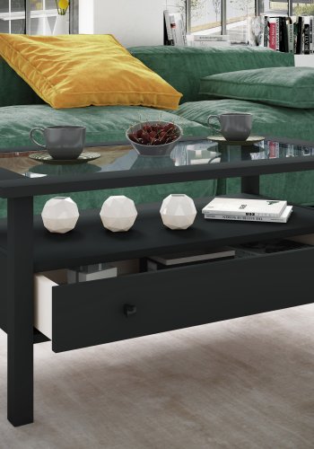 VCM NORDIC Lingis L sofabord, m. 1 skuffe - glas og sort tr (90x53,5)