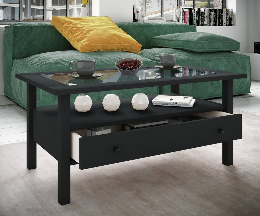 VCM NORDIC Lingis L sofabord, m. 1 skuffe - glas og sort tr (90x53,5)