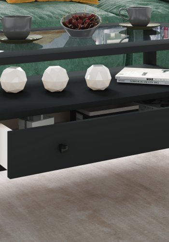 VCM NORDIC Lingis L sofabord, m. 1 skuffe - glas og sort tr (90x53,5)