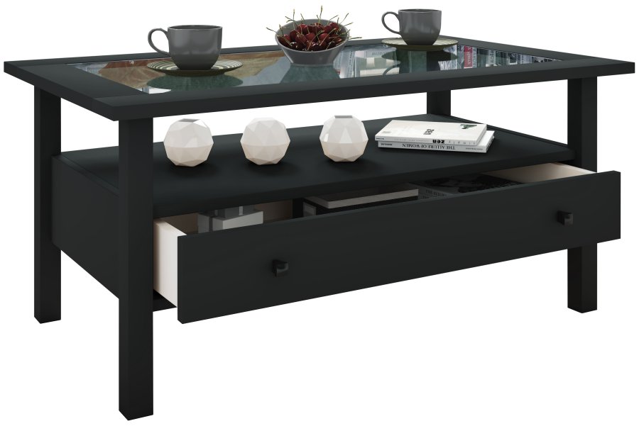 VCM NORDIC Lingis L sofabord, m. 1 skuffe - glas og sort tr (90x53,5)