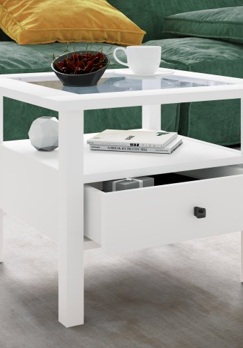VCM NORDIC Lingis M sofabord, m. 1 skuffe - glas og hvid tr (53,5x53,5)