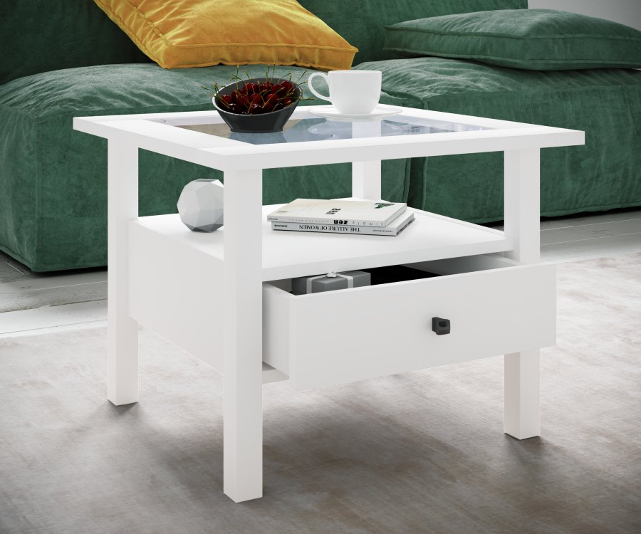 VCM NORDIC Lingis M sofabord, m. 1 skuffe - glas og hvid tr (53,5x53,5)