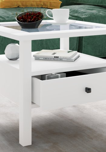 VCM NORDIC Lingis M sofabord, m. 1 skuffe - glas og hvid tr (53,5x53,5)