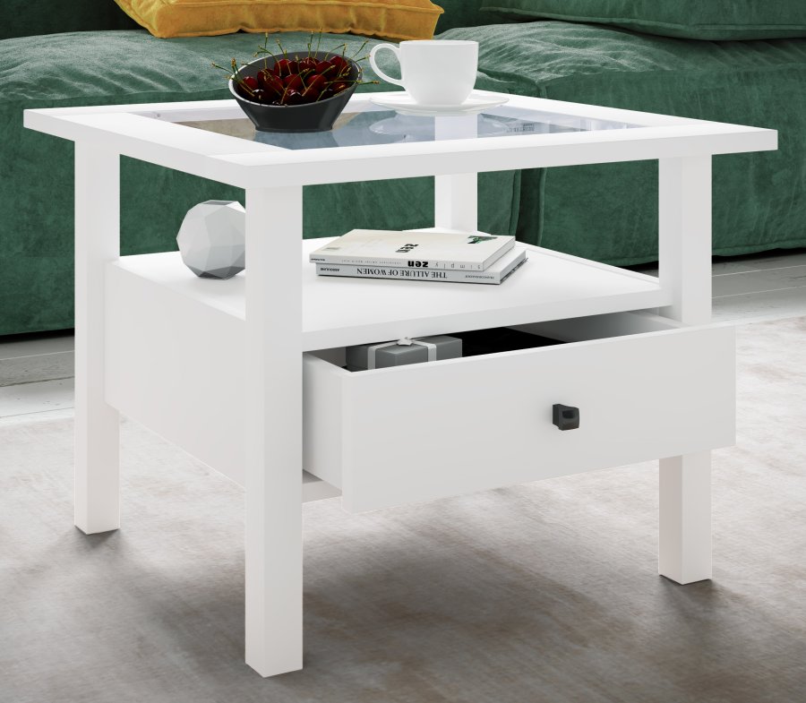 VCM NORDIC Lingis M sofabord, m. 1 skuffe - glas og hvid tr (53,5x53,5)