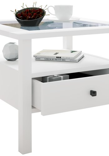 VCM NORDIC Lingis M sofabord, m. 1 skuffe - glas og hvid tr (53,5x53,5)