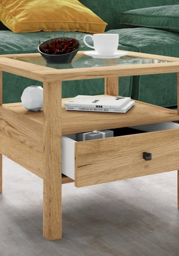 VCM NORDIC Lingis M sofabord, m. 1 skuffe - glas og natur tr (53,5x53,5)