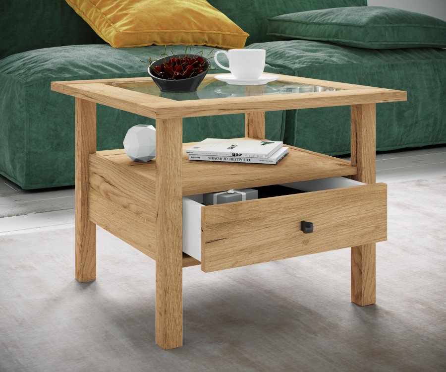 VCM NORDIC Lingis M sofabord, m. 1 skuffe - glas og natur tr (53,5x53,5)