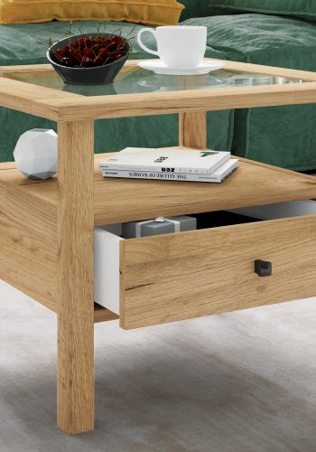 VCM NORDIC Lingis M sofabord, m. 1 skuffe - glas og natur tr (53,5x53,5)