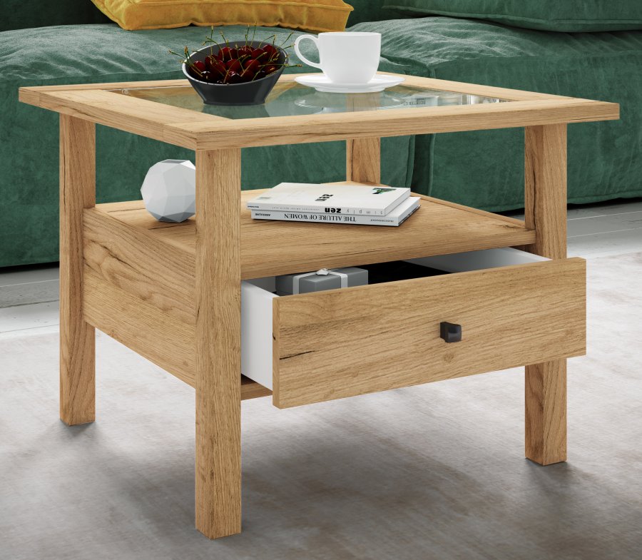 VCM NORDIC Lingis M sofabord, m. 1 skuffe - glas og natur tr (53,5x53,5)