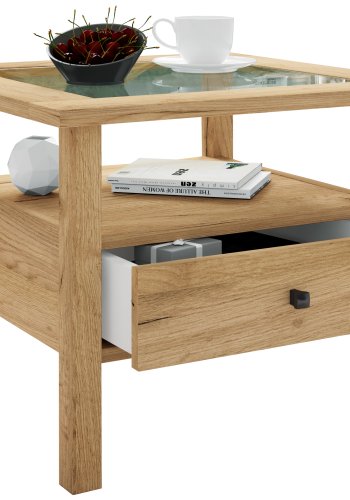 VCM NORDIC Lingis M sofabord, m. 1 skuffe - glas og natur tr (53,5x53,5)