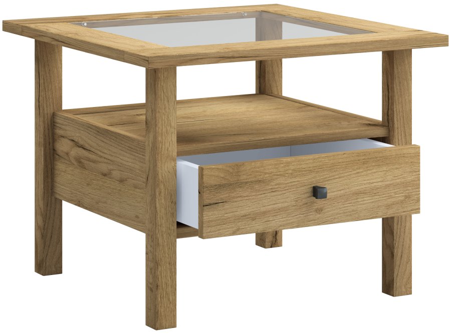 VCM NORDIC Lingis M sofabord, m. 1 skuffe - glas og natur tr (53,5x53,5)