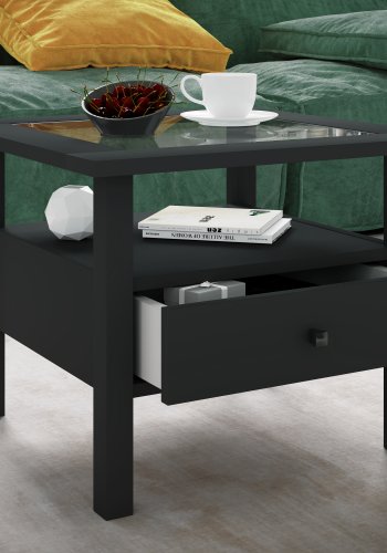 VCM NORDIC Lingis M sofabord, m. 1 skuffe - glas og sort tr (53,5x53,5)