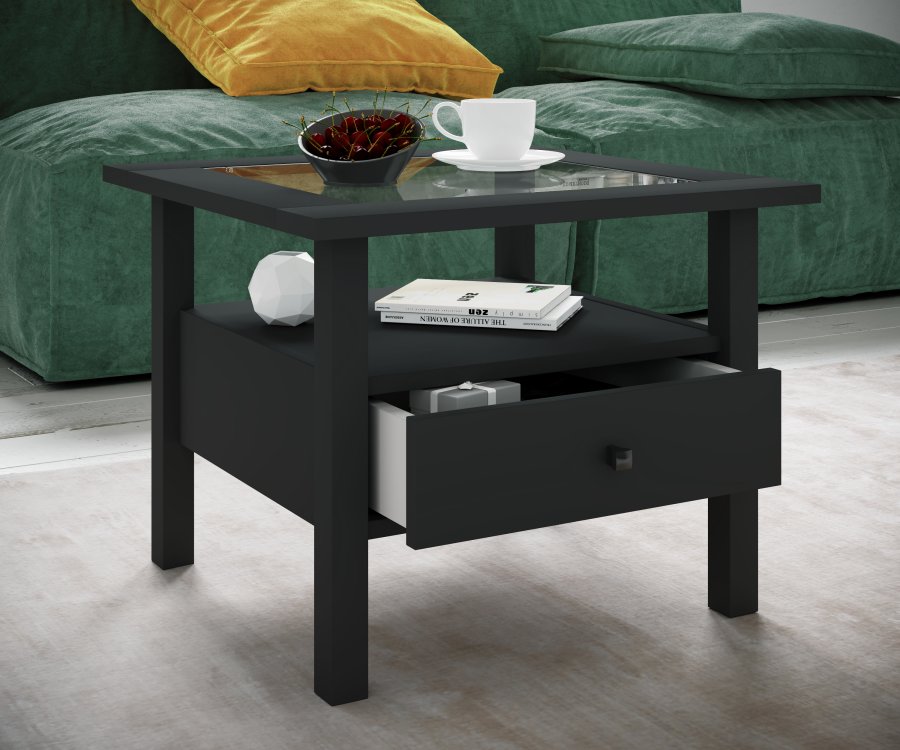 VCM NORDIC Lingis M sofabord, m. 1 skuffe - glas og sort tr (53,5x53,5)