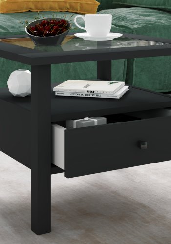 VCM NORDIC Lingis M sofabord, m. 1 skuffe - glas og sort tr (53,5x53,5)