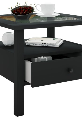 VCM NORDIC Lingis M sofabord, m. 1 skuffe - glas og sort tr (53,5x53,5)