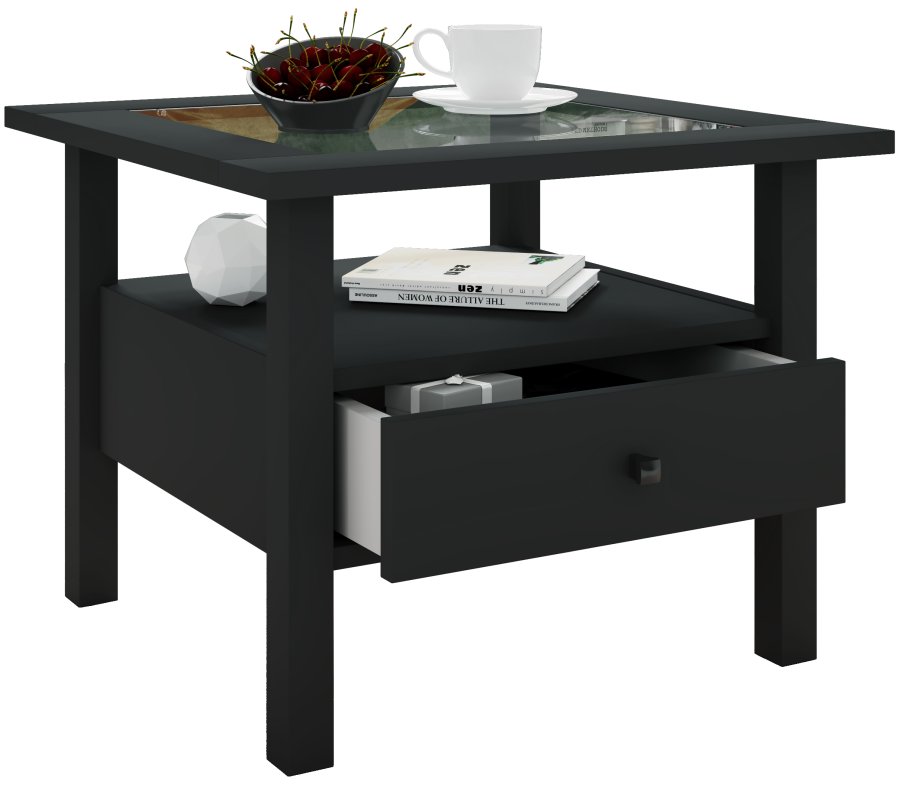 VCM NORDIC Lingis M sofabord, m. 1 skuffe - glas og sort tr (53,5x53,5)