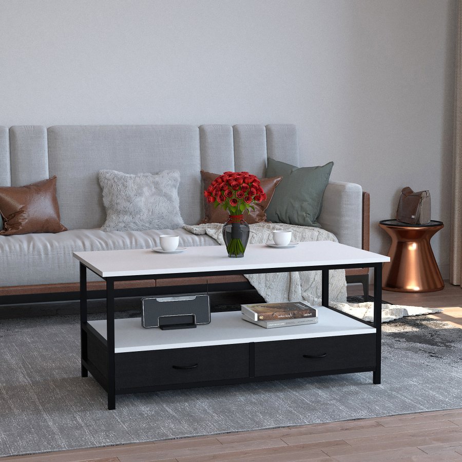 VCM NORDIC Flonila sofabord, m. 1 bent rum og 2 stofskuffer - hvid tr og metal (100x50)