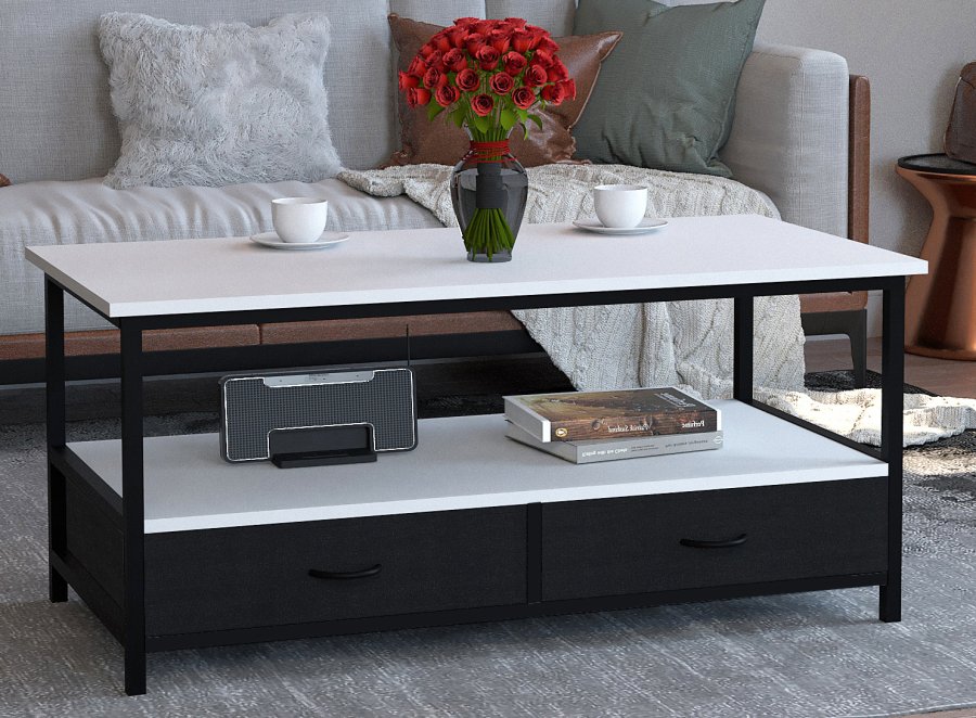 VCM NORDIC Flonila sofabord, m. 1 bent rum og 2 stofskuffer - hvid tr og metal (100x50)