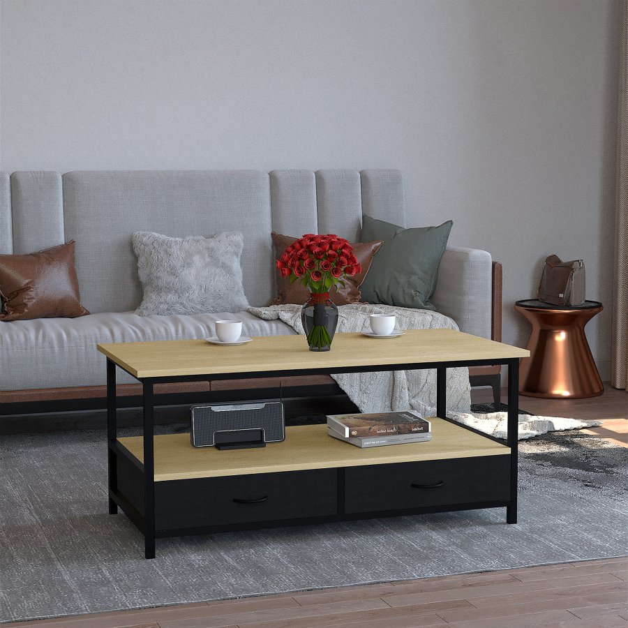 VCM NORDIC Flonila sofabord, m. 1 bent rum og 2 stofskuffer - natur tr og metal (100x50)