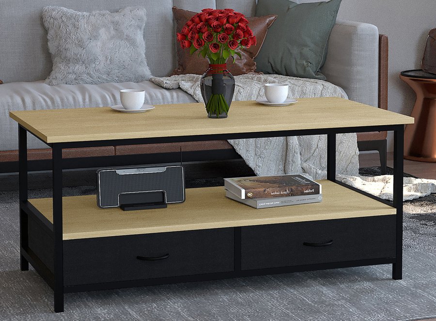 VCM NORDIC Flonila sofabord, m. 1 bent rum og 2 stofskuffer - natur tr og metal (100x50)