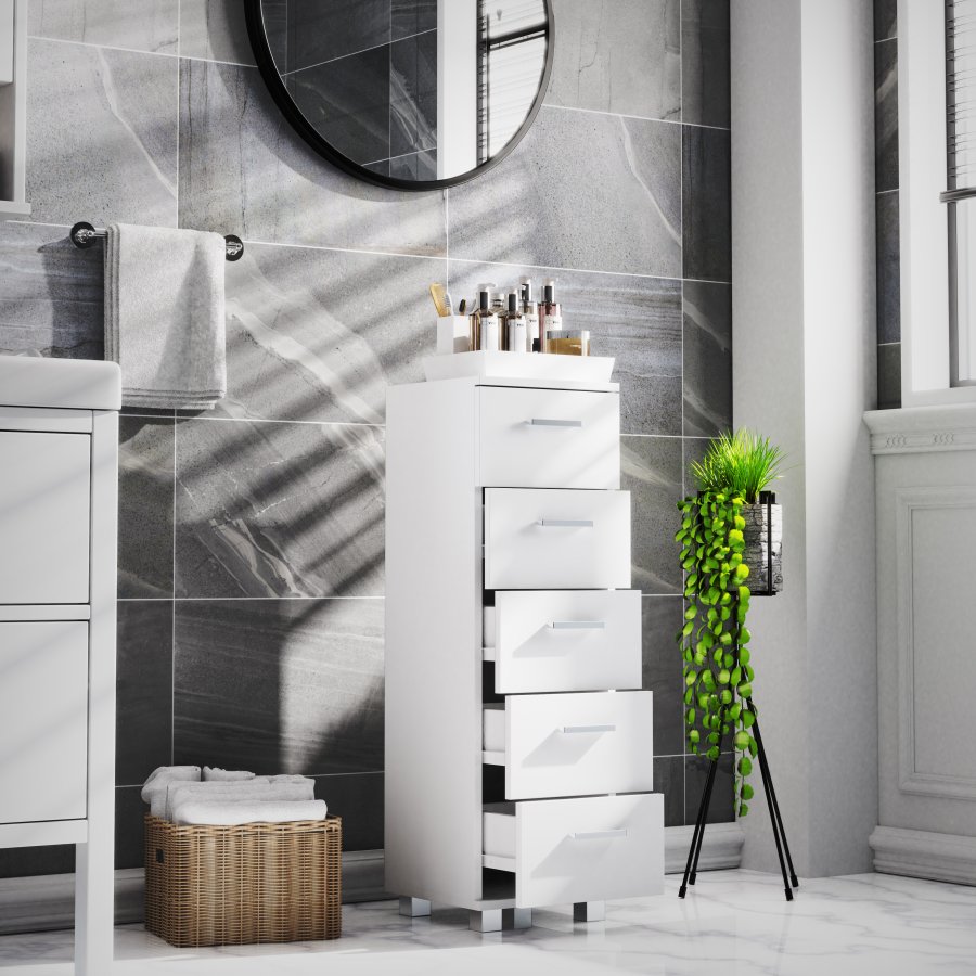 VCM NORDIC Zalo M kommode badevrelsesskab, m. 5 skuffer - hvid melamin