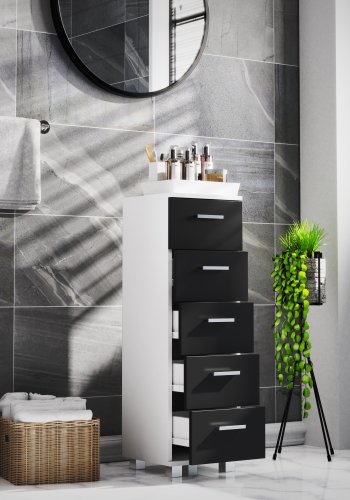 VCM NORDIC Zalo M kommode badevrelsesskab, m. 5 skuffer - hvid/sort melamin