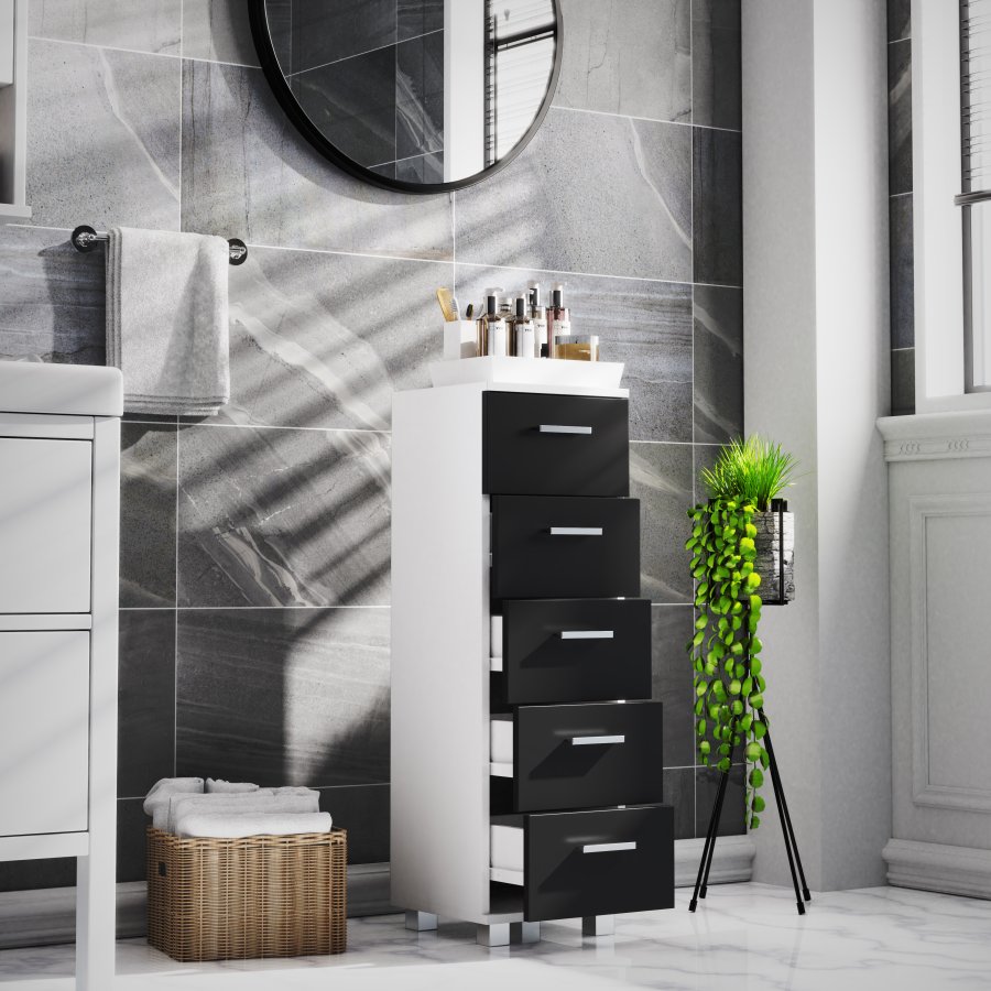 VCM NORDIC Zalo M kommode badevrelsesskab, m. 5 skuffer - hvid/sort melamin