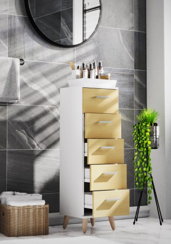 VCM NORDIC Landos M kommode badevrelsesskab, m. 5 skuffer - hvid/natur melamin