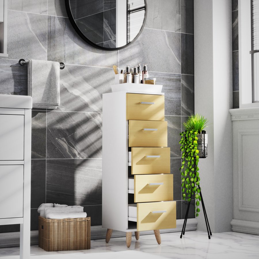 VCM NORDIC Landos M kommode badevrelsesskab, m. 5 skuffer - hvid/natur melamin