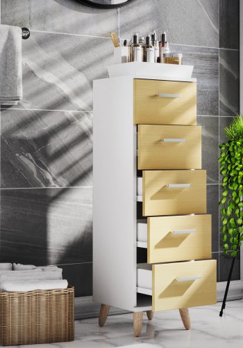 VCM NORDIC Landos M kommode badevrelsesskab, m. 5 skuffer - hvid/natur melamin