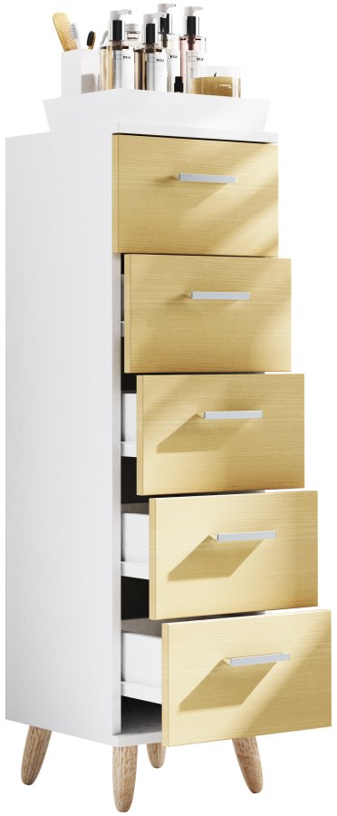 VCM NORDIC Landos M kommode badevrelsesskab, m. 5 skuffer - hvid/natur melamin