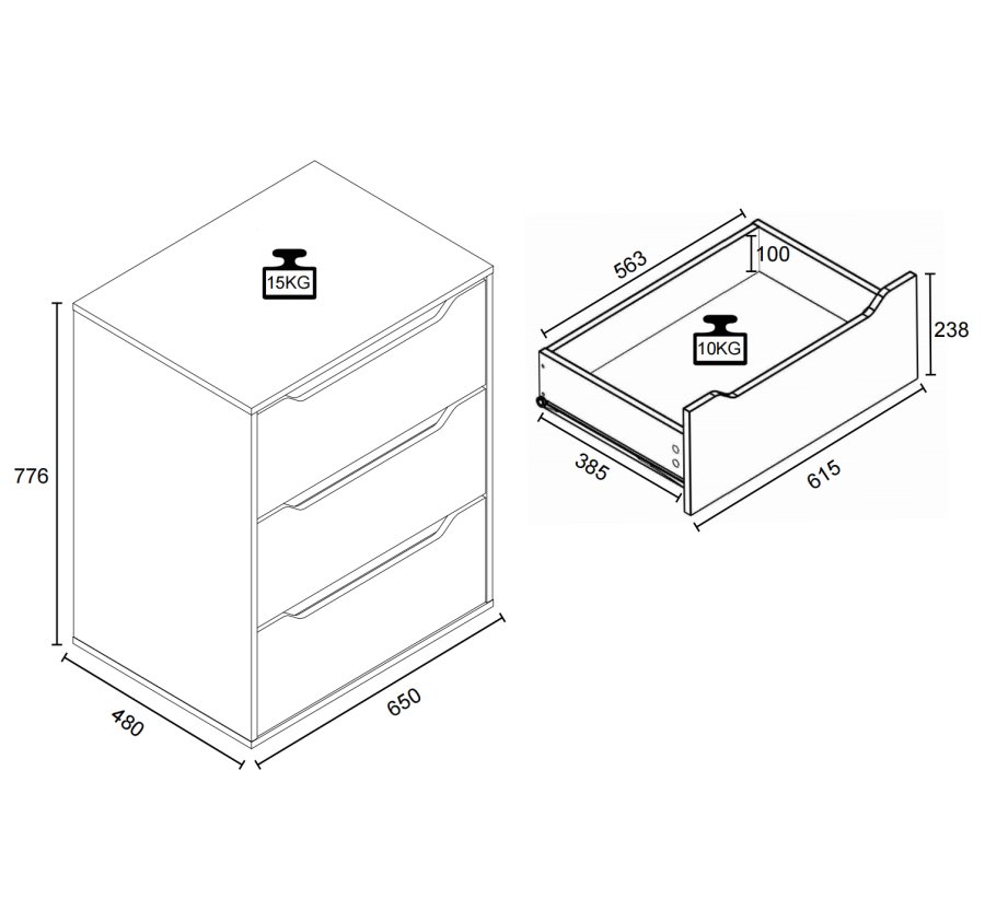 VCM NORDIC Malira L kommode, m. 3 skuffer - hvid tr