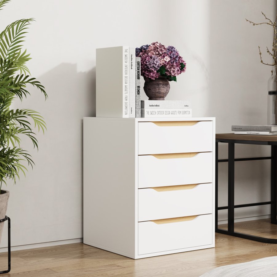 VCM NORDIC Malira M sengebord, m. 4 skuffer - hvid/natur tr (46x42)