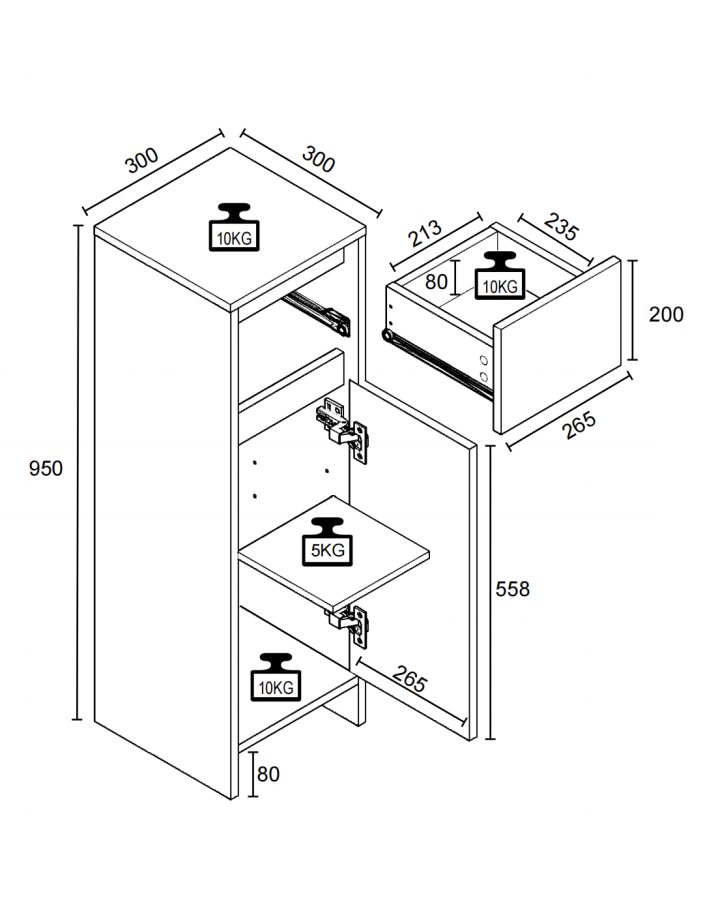 VCM NORDIC Malira badevrelseskab Midi, m. 1 lge, 1 skuffe, 1 hylde - hvid/natur melamin