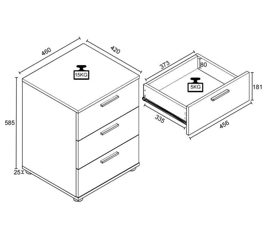 VCM NORDIC Testalo sengebord, m. 3 skuffer - natur/antracitgr tr (46x42)