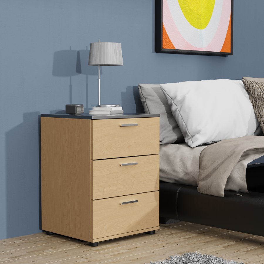 VCM NORDIC Testalo sengebord, m. 3 skuffer - natur/antracitgr tr (46x42)