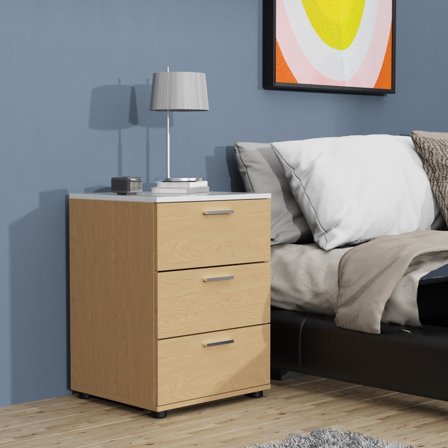 VCM NORDIC Testalo sengebord, m. 3 skuffer - natur/hvid tr (46x42)