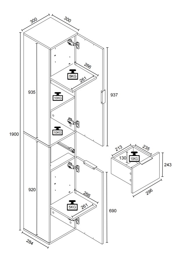 VCM NORDIC Donali badevrelseskab Hj, m. 2 lger, 1 skuffe, 3 hylder - hvid/sort melamin