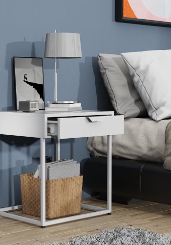 VCM NORDIC Flokas S sengebord, m. 1 skuffe - hvid metal (43x41)