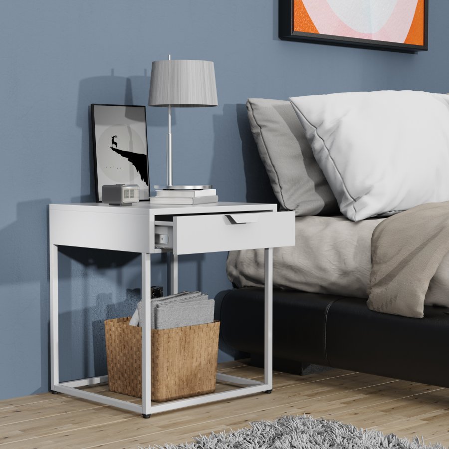 VCM NORDIC Flokas S sengebord, m. 1 skuffe - hvid metal (43x41)